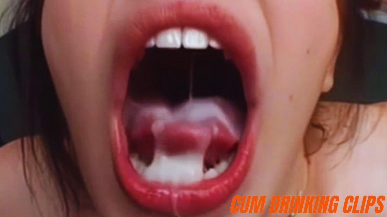 Thick sperm in mouth, woman swallowing cum, jizz in mouth, drinking huge cum, tongue with cum