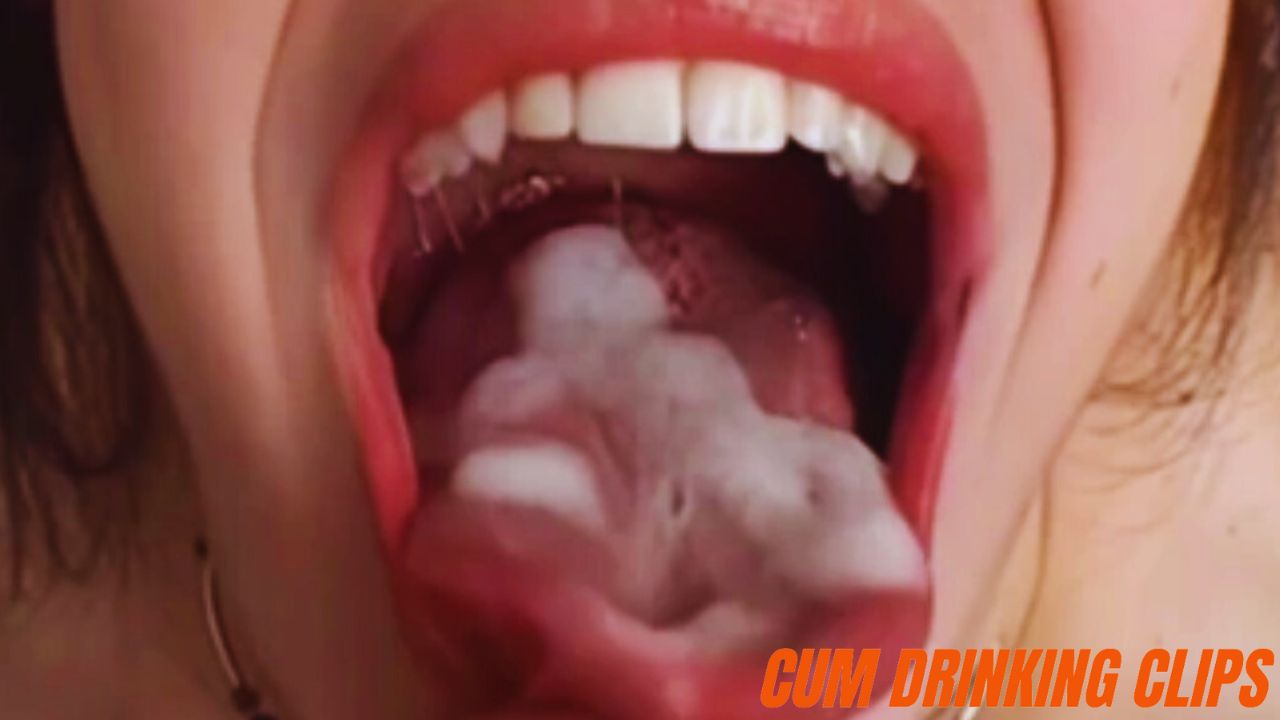 Thick sperm in mouth, woman swallowing cum, jizz in mouth, drinking huge cum, tongue with cum