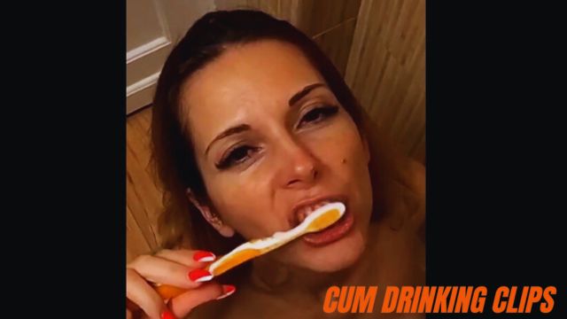 MILF brushing her teeth with cum and swallowing