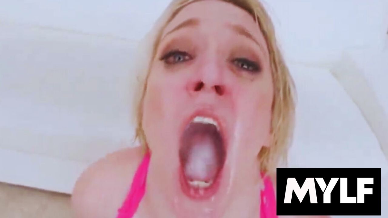 Busty blonde MYLF Dee Williams swallowing interracial cum, black man cumming in busty woman's mouth pink nipples Dee Williams nude cum in mouth