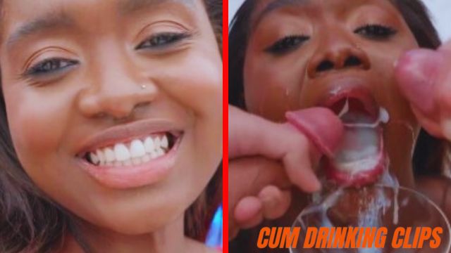 Young black woman Blair Saenz drinking thick semen in bukkake