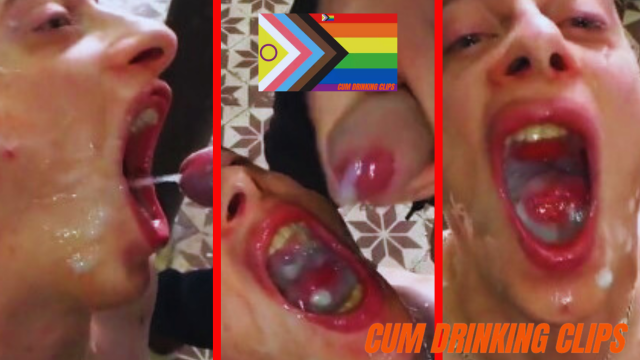 Gay man swallowing cum in bukkake