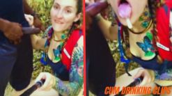 Female hiker having sex and swallowing semen from a black man