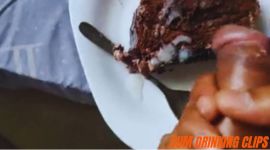 Busty amateur brazilian woman eating chocolate cake with jizz