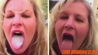 Blonde housewife drinking her husband’s semen on the home balcony