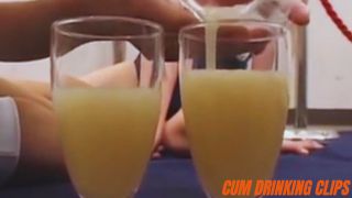 Asian woman drinking yellowish semen in bukkake