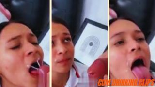 Submissive Latina amateur drinking milk from white cock