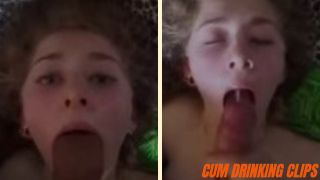 Young blonde woman swallowing cum from monster white cock